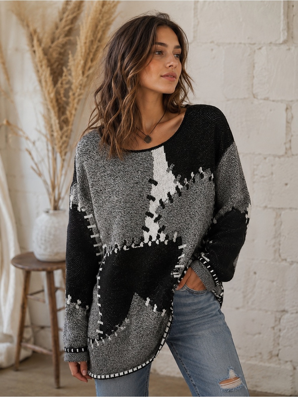 Willow Ridge Black Gray Patchwork Stitch Oversized Grandma Core Sweater